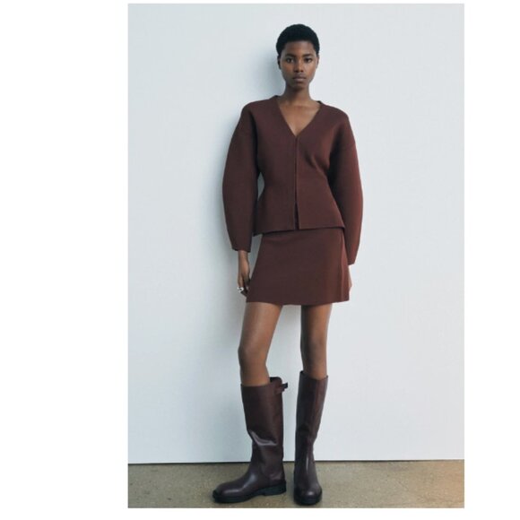 NWT  Zara FITTED WAIST PLAIN KNIT CARDIGAN Choclate Brown Bloggers Fave Small - Picture 2 of 13